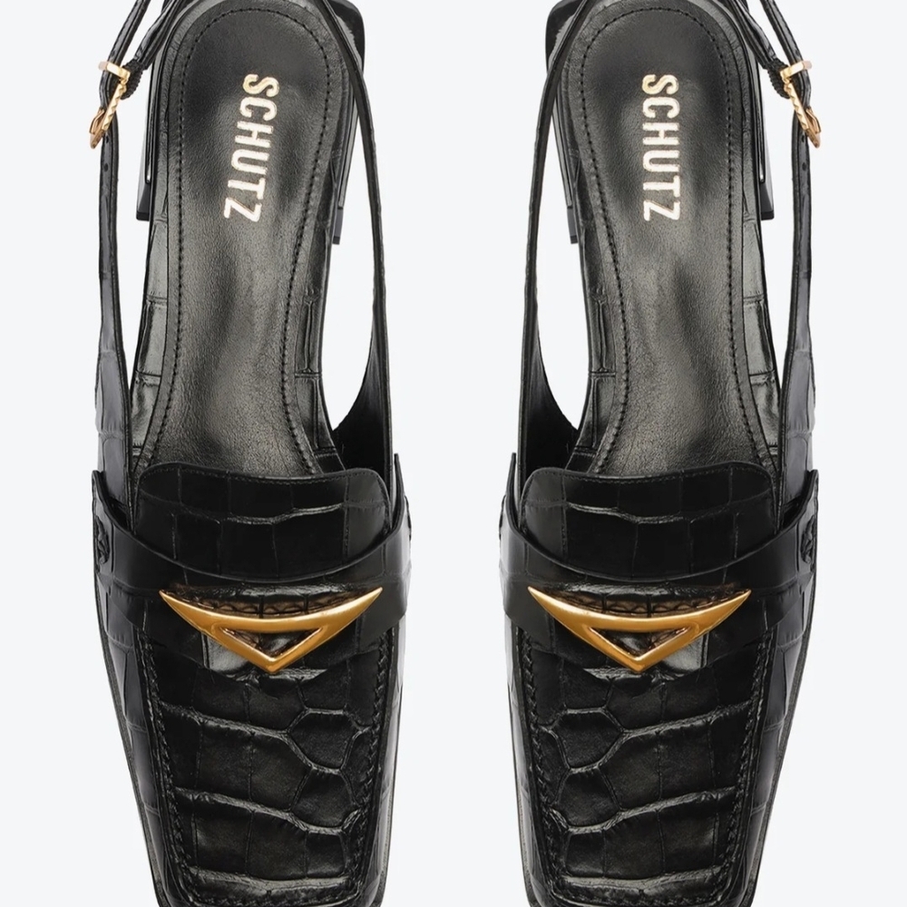 SCHUTZ Black Croc-Embossed Slingback Heels with Gold Detail